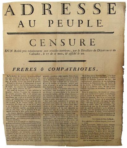 null CALVADOS. 1792. (SOCIÉTÉ PATRIOTIQUE DE CAEN) - «ADRESSE au Peuple. CENSURE...