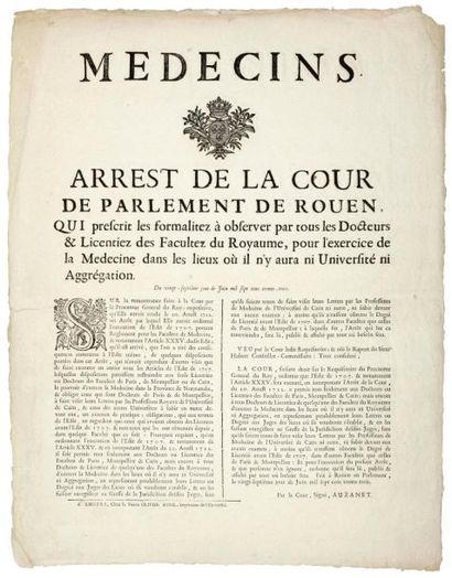 null "MÉDECINS" (Titre). 1733. "Arrest de la Cour de PARLEMENT DE ROUEN, qui prescrit...