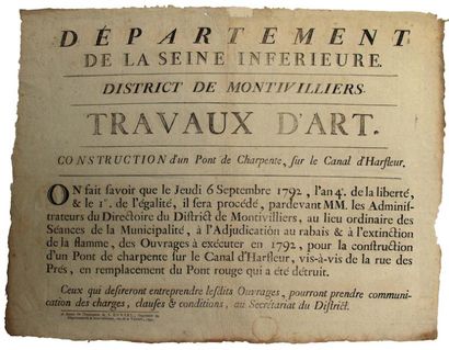null SEINE INFÉRIEURE. 1792. CANAL D'HARFLEUR. District de Montivilliers - Adjudication...