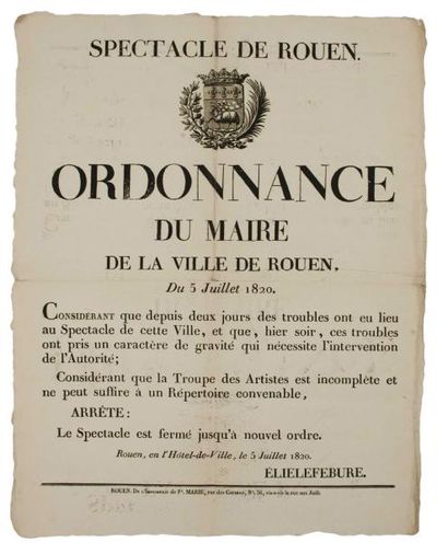 null ROUEN (76) 1820. «SPECTACLE DE ROUEN.» (titre) - Ordonnance du Maire de la Ville...