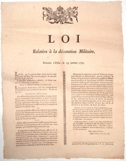 null LOIR-ET-CHER. 1791. "LOI relative à la DÉCORATION MILITAIRE." Donnée à Paris...