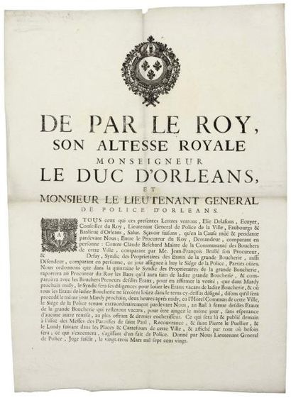 null ORLÉANS (45). 1720. LA GRANDE BOUCHERIE - "De par le ROY, Son altesse Royale...