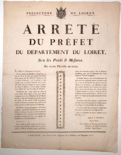 null LOIRET. 1805. NOUVEAUX POIDS & MESURES - Arrêté de Jean P. MARET Préfet du Département...