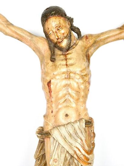 SCULPTURE Grand Christ monumental en bois polychrome Espagne vers 1600

H 94, L 76...