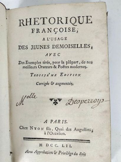 null Rhétorique française à l'usage des jeunes demoiselles.
Paris Nyon.1752

In12.Reliure...