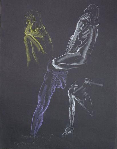 Gaston Coppens (1909-2002) Nus féminins. 5Crayons de couleur sur papier noir signés...