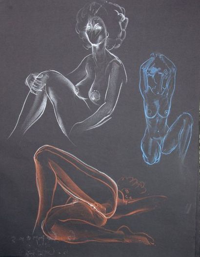 Gaston Coppens (1909-2002) Nus féminins. 5 Crayons de couleur sur papier noir signés...