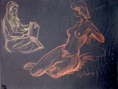 Gaston Coppens (1909-2002) Nus féminins. 5 Crayons de couleur sur papier noir dont...