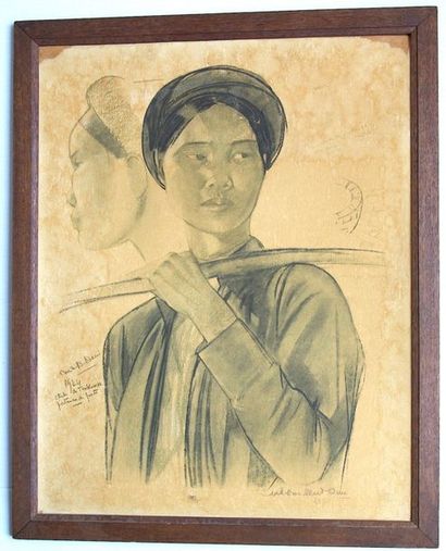 Boullard (XX°) «Portrait d'une tonkinoise» 1924. Lithographe signée. 55 x 43 cm....
