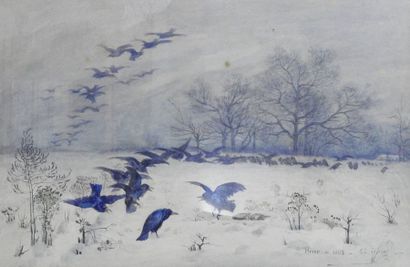 Ecole franc?aise de la fin du XIX° sie?cle Les corbeaux dans la neigne, 1888
Gouache...