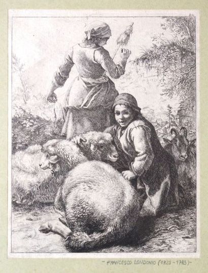 null Gravure de Francesco LONDONIO (1723- 1783) «Bergères et moutons.» Pièce encadrée...