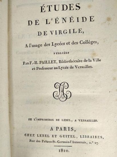 null Paillet F-H, Etudes de l'énéide de Virgile.
Paris, Chez lebel et Guitel, 1810.
In12,...