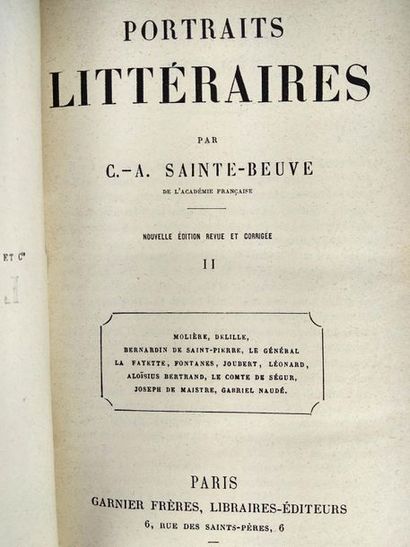 null Sainte-Beuve C .-A . Portraits littéraires . 3 volumes .
Paris.Ganier Frères...