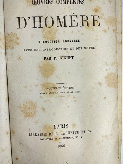 null Homère.Oeuvres complètes .
Paris .Hachette. 1866.
In8 Demi reliure cuir . Dos...