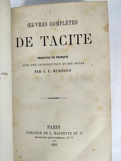 null Tacite.Oeuvres complètes .
Paris .Hachette. 1865.
In8 Demi reliure cuir . Dos...
