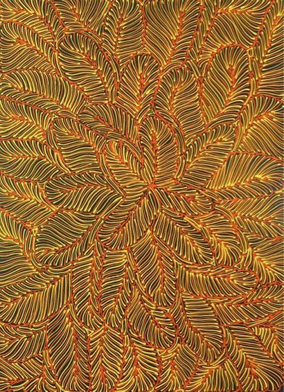 Rosemary Pitjara (née en 1945) 
Bush yam dreaming
Acrylique sur toile 89 x 120 cm
Un...
