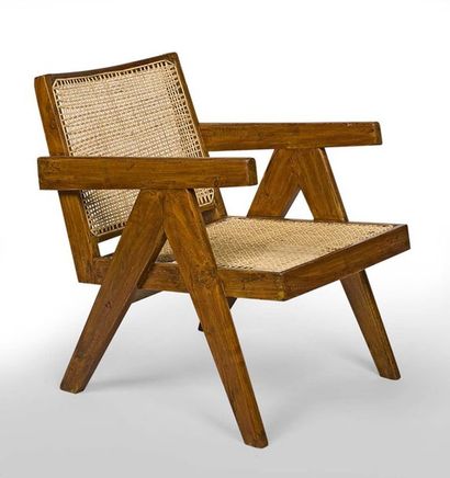 Pierre Jeanneret (1896-1967) 
Paire de fauteuils dit "Cane and teak wood armchair"
Teck...