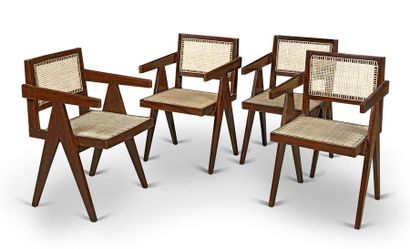 Pierre Jeanneret (1896-1967) 
Ensemble de quatre fauteuils dit "Cane and teak wood...