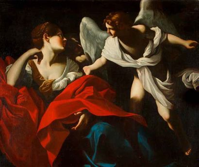 Giovanni Lanfranco (1582-1647), entourage de 
Agar et l'ange
Toile 111 x 133 cm
Cadre...