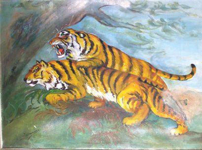 Bereaux. XX°. «Combat de tigres» 58 x79, 5 cm Huile sur toile signée + J. Bolife...