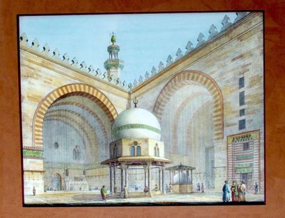 Anonyme 19ième: «Vue de mosquée (Alexandrie?). 30 x 37 cm + «Rue animée en Orient»...