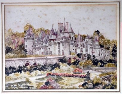 Francisque Rabeaux (XX°): «Le château d'Ussé» Aquarelle sur papier signée, située...