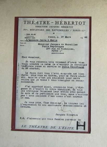 null Document autographe de Jacques Hebertot, directeur du théâtre des Champs Elysées...