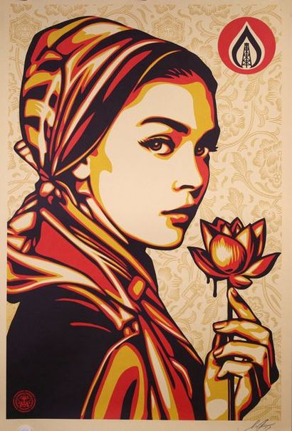null Affiche «Portrait de femme avec fleur sur un fond arabesque» signé. et datée...
