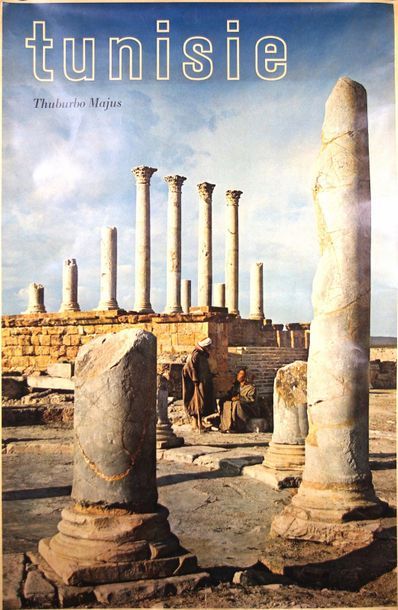 null Trois affiches sur la Tunisie: 1. Ruines romaines.2. Maison tunisienne.
3. Oasis...