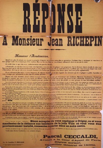 null Deux Affiches politiques 1. «Réponse à Mr Jean Richepin» 2.
Idem. 80 x 60 c...
