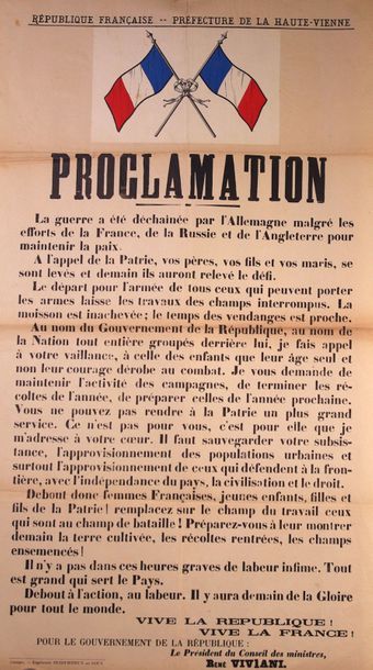 null Affiche de 1914 «Proclamation» de René Viviani avec drapeau tricolore contrecollé....