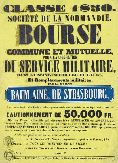 null Affichette: «Classe 1850 -Société de la Normandie -Bourse commune et mutuelle...