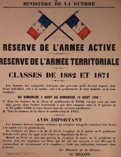 null Affichette 1896: «Reserve de l'armée active» faite par le Général
Billot 55...