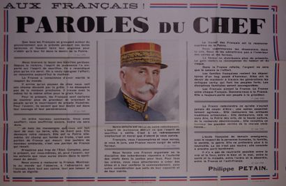 null Affiche Marechal Pétain «Aux Français, paroles du chef» 1940.
100 x 65 cm.