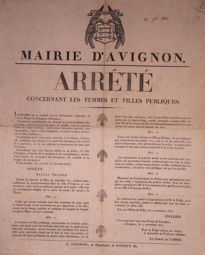 null Arrêté de la mairie d'Avignon concernant les filles publiques fait en 1822 mis...