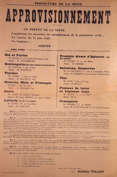 null «Approvisionnement» Préfecture de la Seine 1940 signé par Achille Villey. 60...