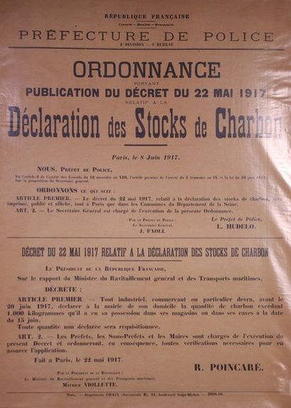 null «Ordonnance sur la déclaration des stocks de charbon» de Poincaré.
1iere guerre...