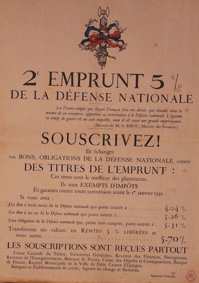 null Affichette «Deux emprunts de la défense nationale» 44 x33 cm.