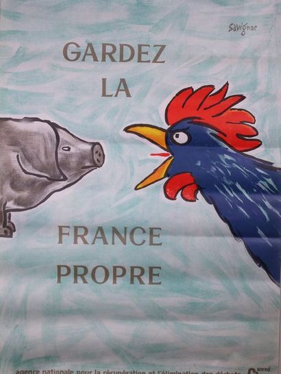 Savignac: «La France propre» Coq et cochon. 77 x 56 cm.