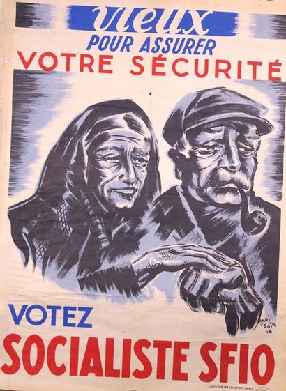 null Vieux, pour assurer votre sécurité, votez Socialiste SFIO» 80 x 60 cm. Illust....