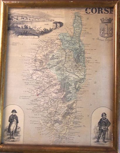 null «Corse» Carte géographique encadrée du 19ième avec effigies de Napoléon Ier...