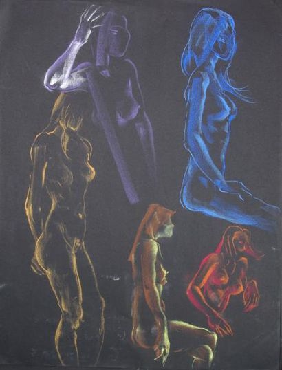 Gaston COPPENS (1909 -2002) Nus féminins. Ensemble de dessins au crayon de couleur...