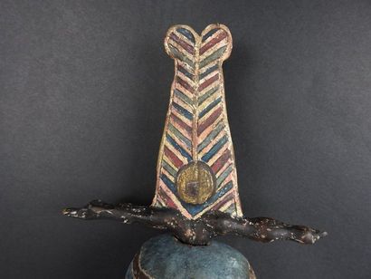 null Statuette de Ptah Sokar Osiris en bois sculpté à polychromie et inscriptions.
Sur...