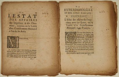 null (PORTE OTTOMANE. 1662) 2 Gazettes in-4°, en feuilles - «L'État des Affaires...