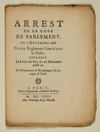 null LES FÊTES DU DIOCÈSE DE PARIS. 1666. «Arrest de la Cour de Parlement, du 1er...
