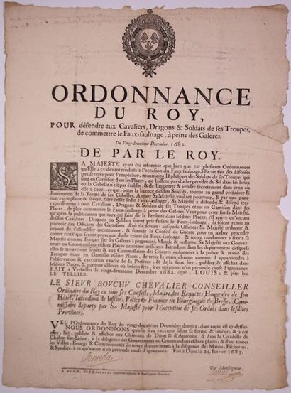null FAUX-SAUNAGE. GALÈRES. 1682. BOURGOGNE & BRESSE. «Ordonnance du Roi, pour défendre...