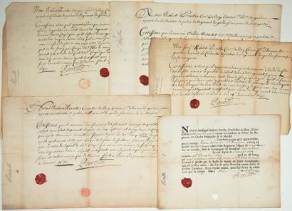 null GARDES FRANÇAISES de LOUIS XIV. 6 Pièces in-8, in-4° (1686/1723). 5 Certificats...