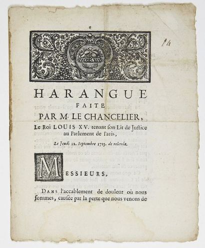 null LOUIS XV ROI DE FRANCE - "HARANGUE faite par M. le Chancelier, le Roi louis...