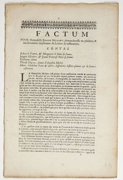 null PARLEMENT DE ROUEN. PERSÉCUTION D'UNE FEMME, vers 1717.
«FACTUM pour Demoiselle...