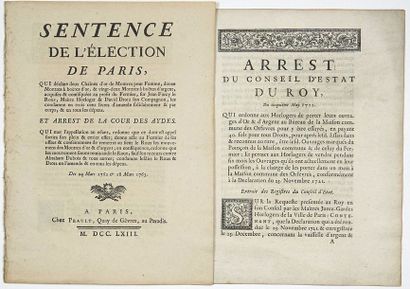 null HORLOGERIE. 2 Imprimés: "Arrest du Conseil d'État du Roy, qui ordonne aux HORLOGERS...